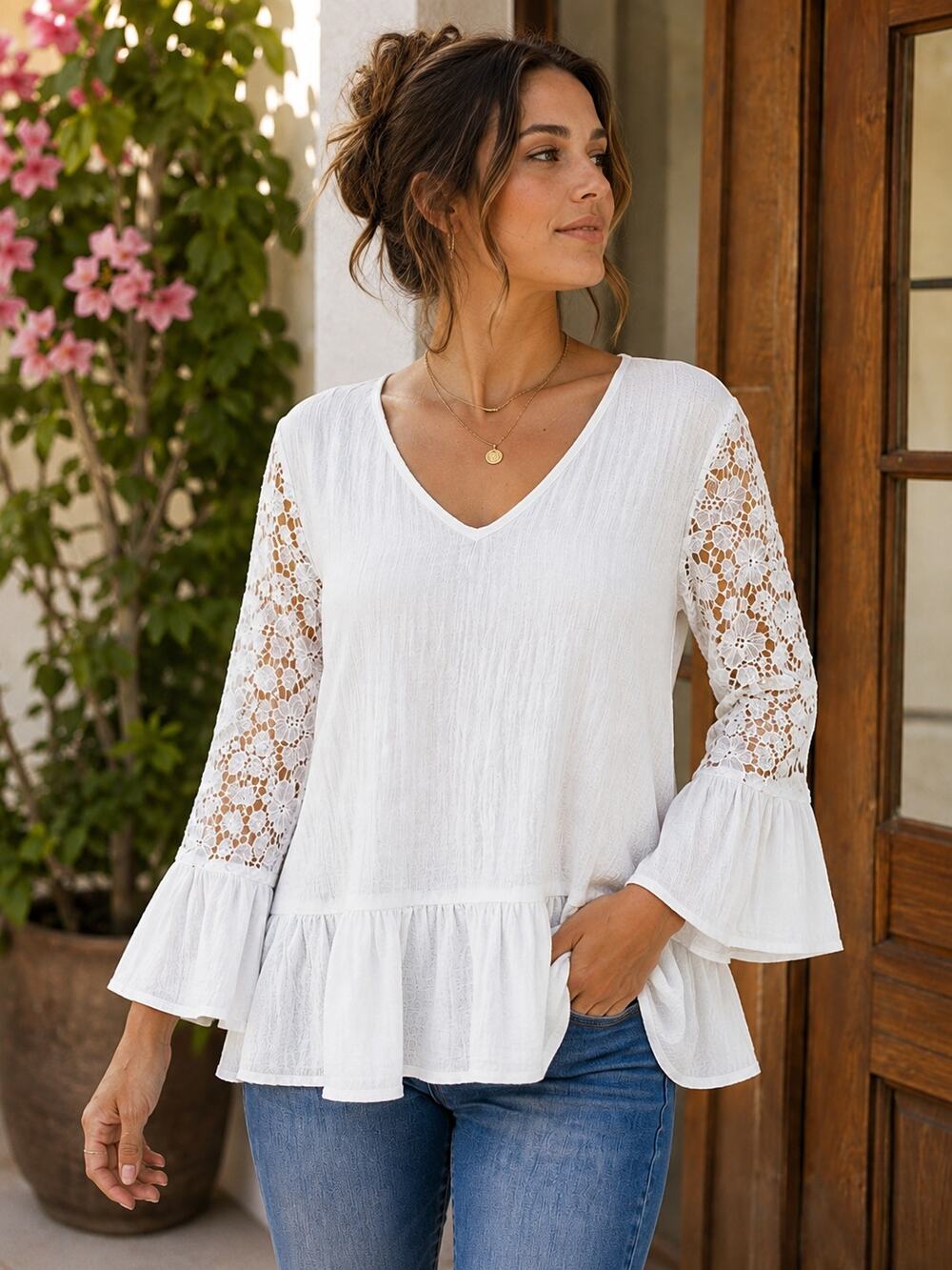 Doe + Rae Lace Sleeve Peplum Blouse Large 100% Cotton Ivory Boho